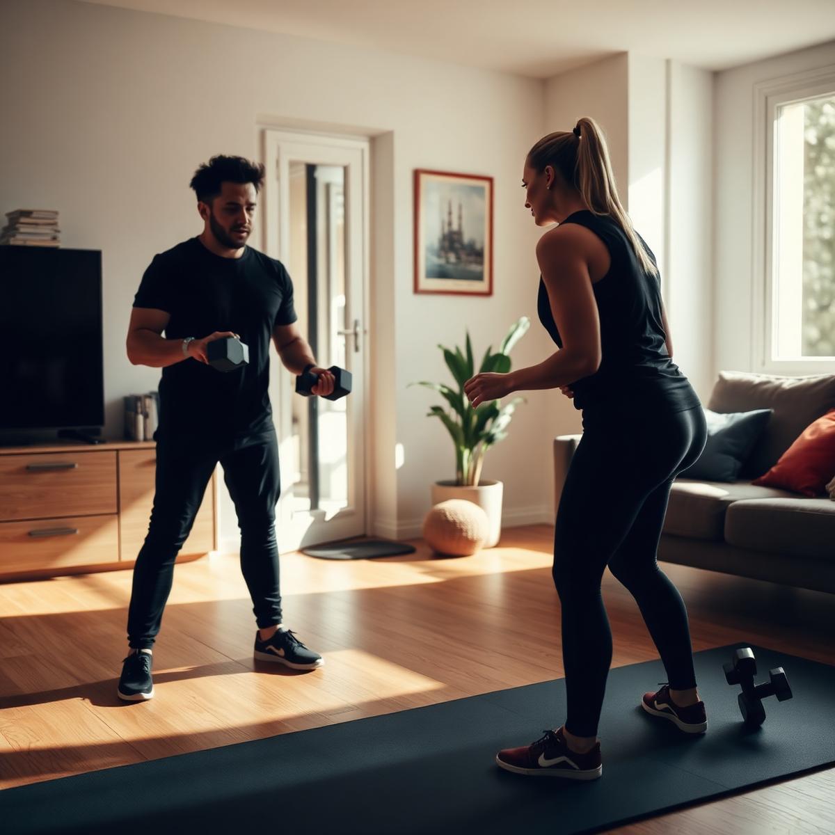 Coach sportif à domicile à Toulouse accompagnant une cliente pendant une séance dans son salon